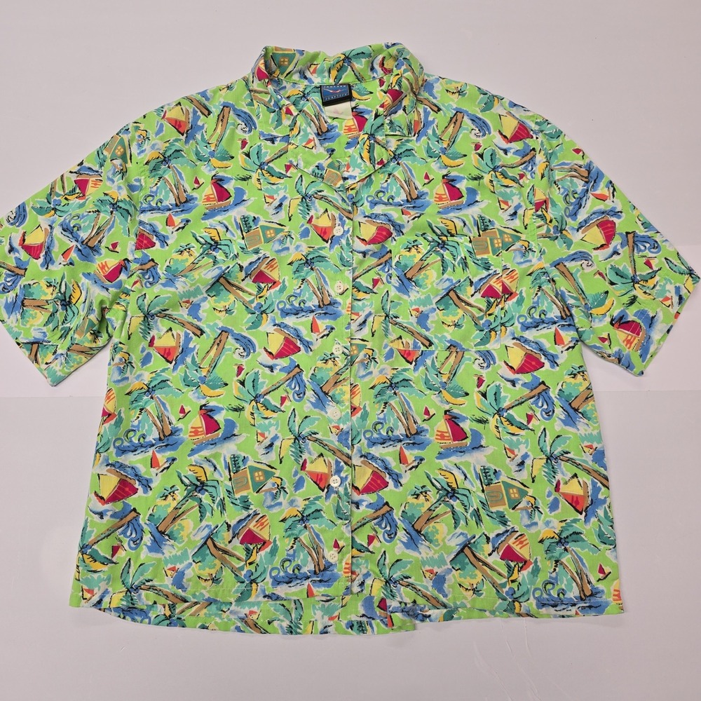 Vintage Jantzen Hawaiian Shirt Palm Tree Sailboat Print Short Sleeve Button UP